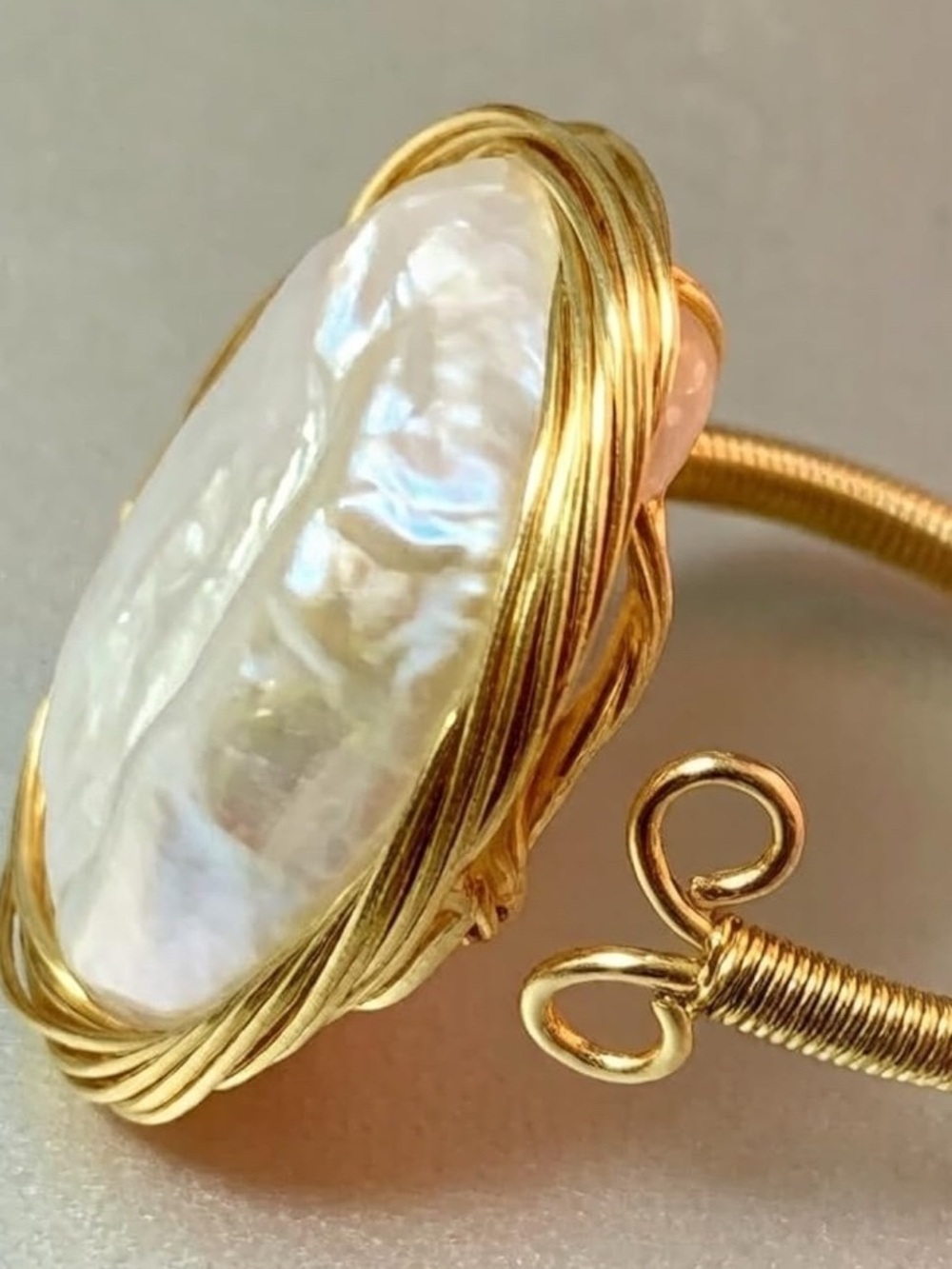 Handcrafted 14k Gold Plated Wire-Wrapped Pearl Statement Ring